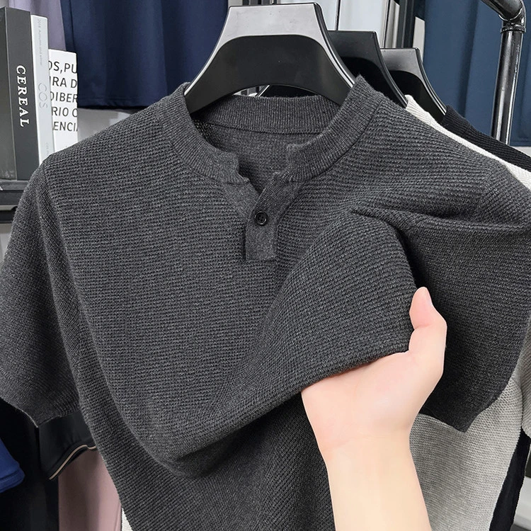 100%棉菠萝纹针法肌理感亨利领T恤休闲男士简约短袖针织XX