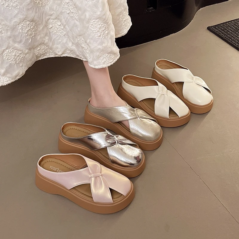 厚底5CM纯色复古百搭包头拖半拖凉鞋2025夏季新款玛丽珍法式凉拖