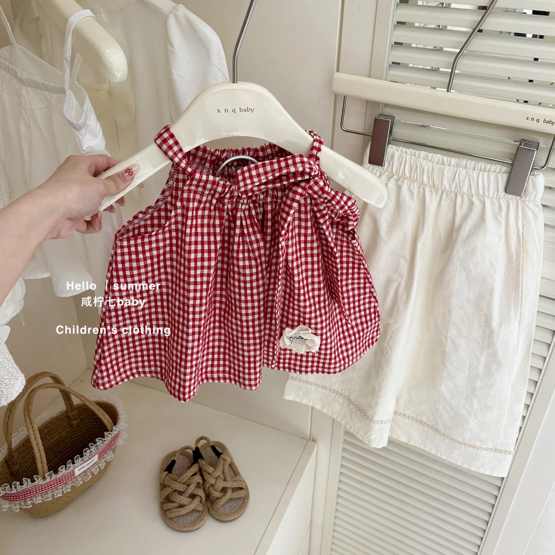 现【咸柠七】夏季新款女童小童韩版棉布格子吊带娃娃衫棉布阔腿裤