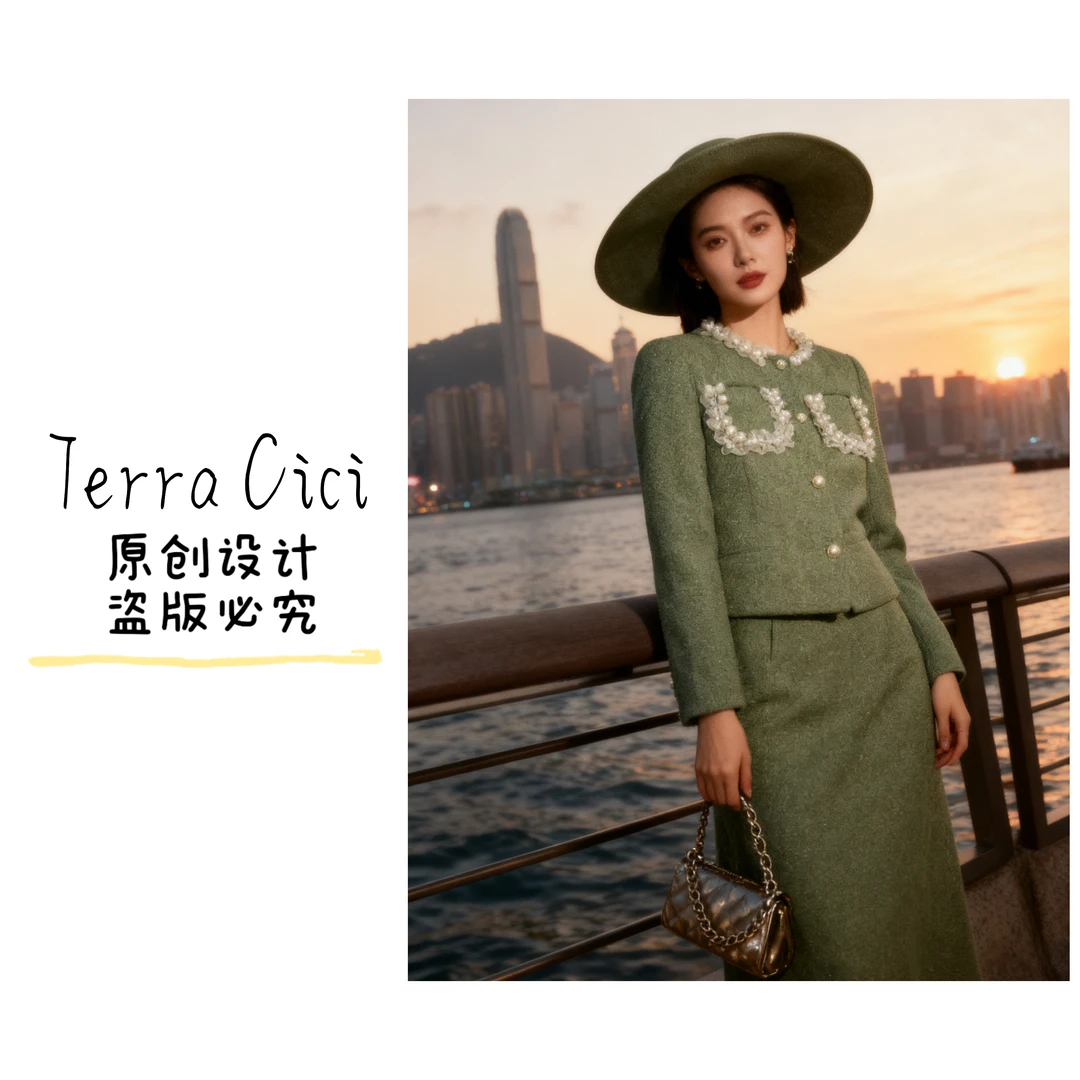 【青芜映柳】法式小香风细闪秋冬长裙套装名媛下午茶氛围感2528#