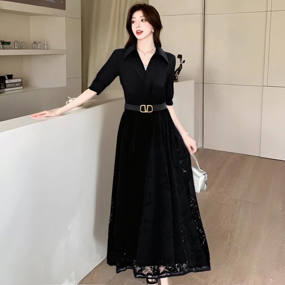 A有里布2025夏季新款气质高级感黑色衬衫裙拼接时尚连衣裙女D1542