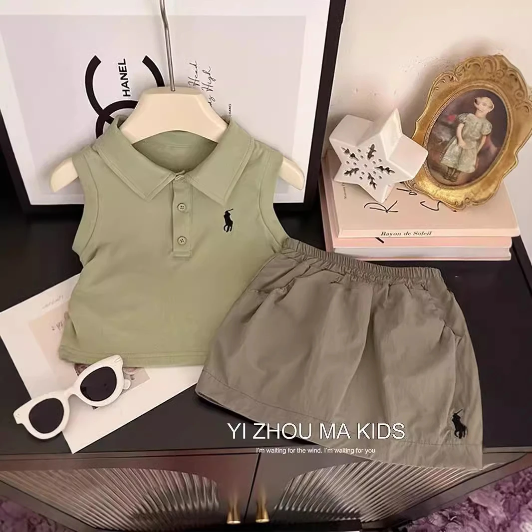 韩版童装2025夏季款女童polo领背心无袖上衣洋气休闲工装裙裤套装