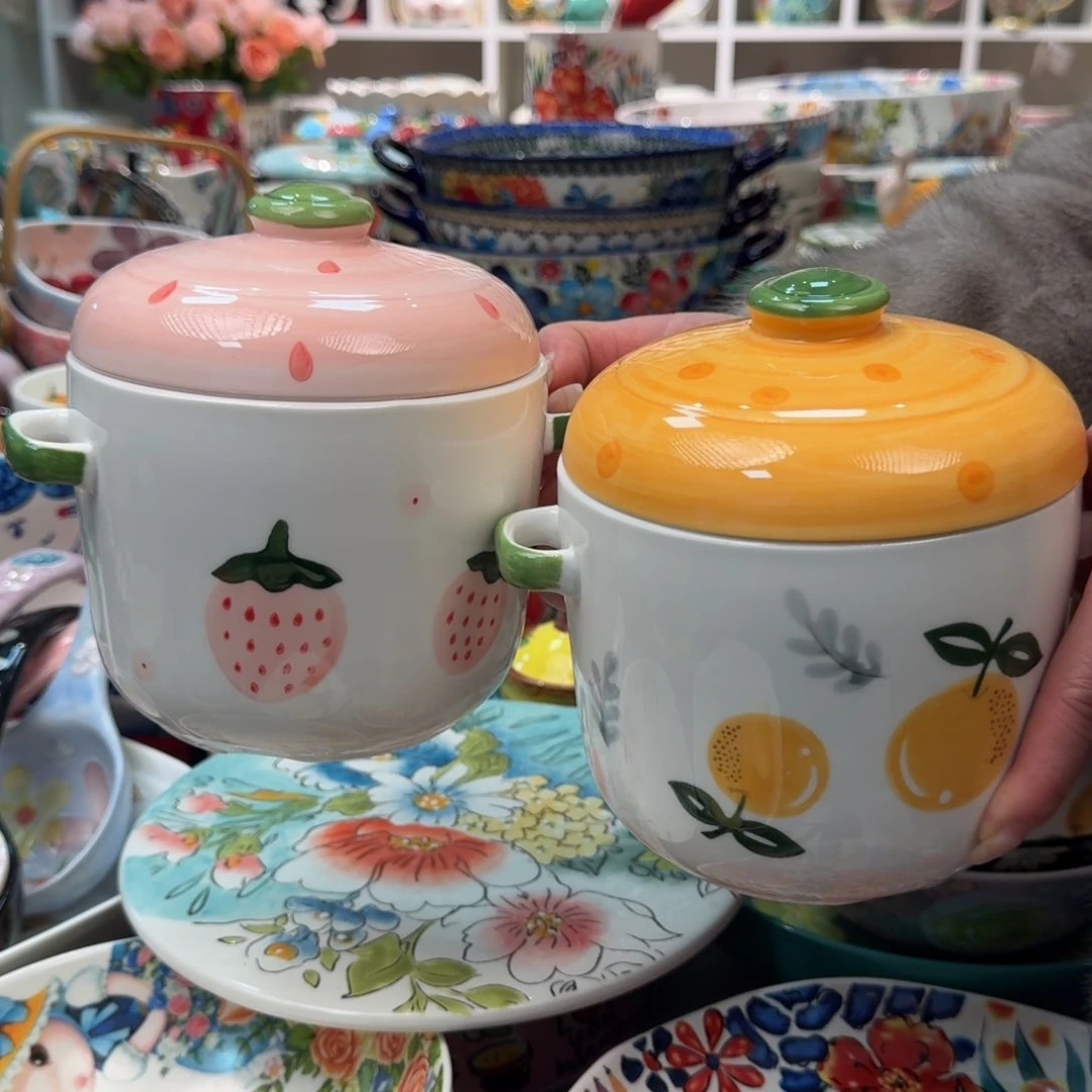 陶瓷800毫升双盖炖盅2只，粉➕橘