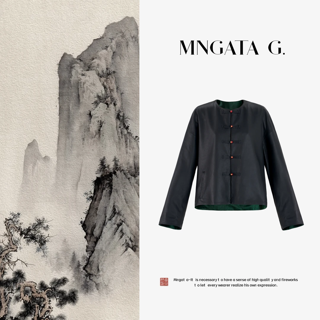 MNGATA G.宫小妍【胎羊皮·绿龟皮衣】真丝早秋新中式皮外套5060756