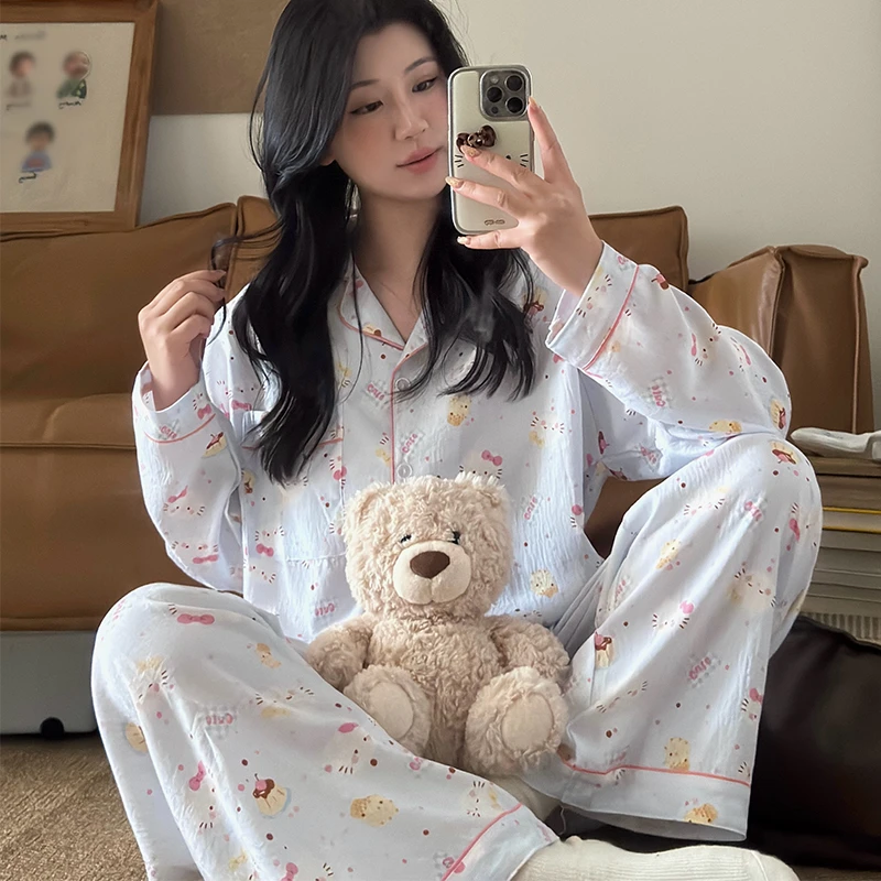 翻领大码睡衣女套装长袖长裤猫咪印花云朵棉宽松宽版型甜美家居服