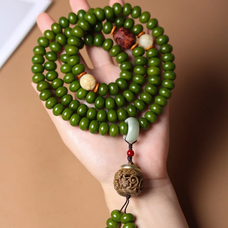 （青草绿）8/11mm算盘珠菩提根多圈手串手持款莲花宫灯（盘玩袋香丸）