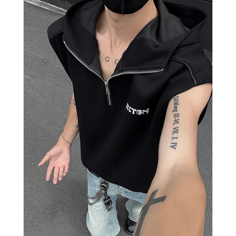 高级感拉链连帽背心男款夏季ins潮流青少年高街休闲运动无袖T恤