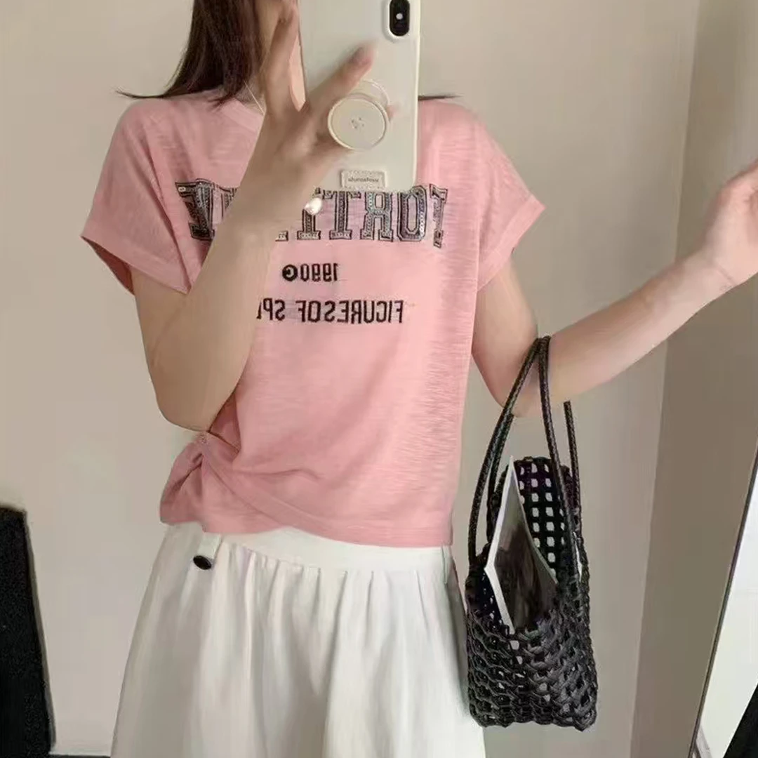 独特漂亮不规则斜扣设计短袖T恤女2025夏季薄款冰丝针织上衣短袖