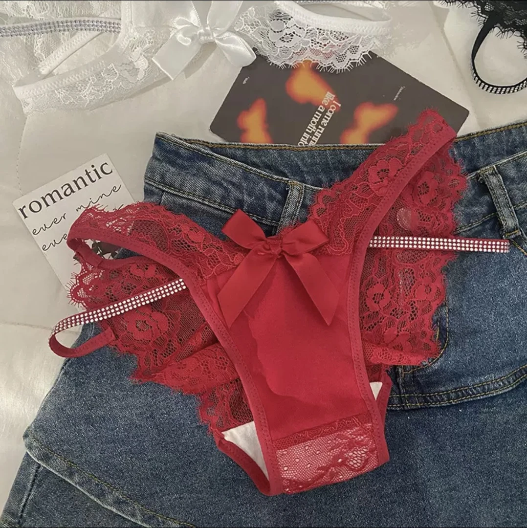 2025新款魅惑纯欲风性感蕾丝内裤女士交叉带镂空闪钻三角裤4件