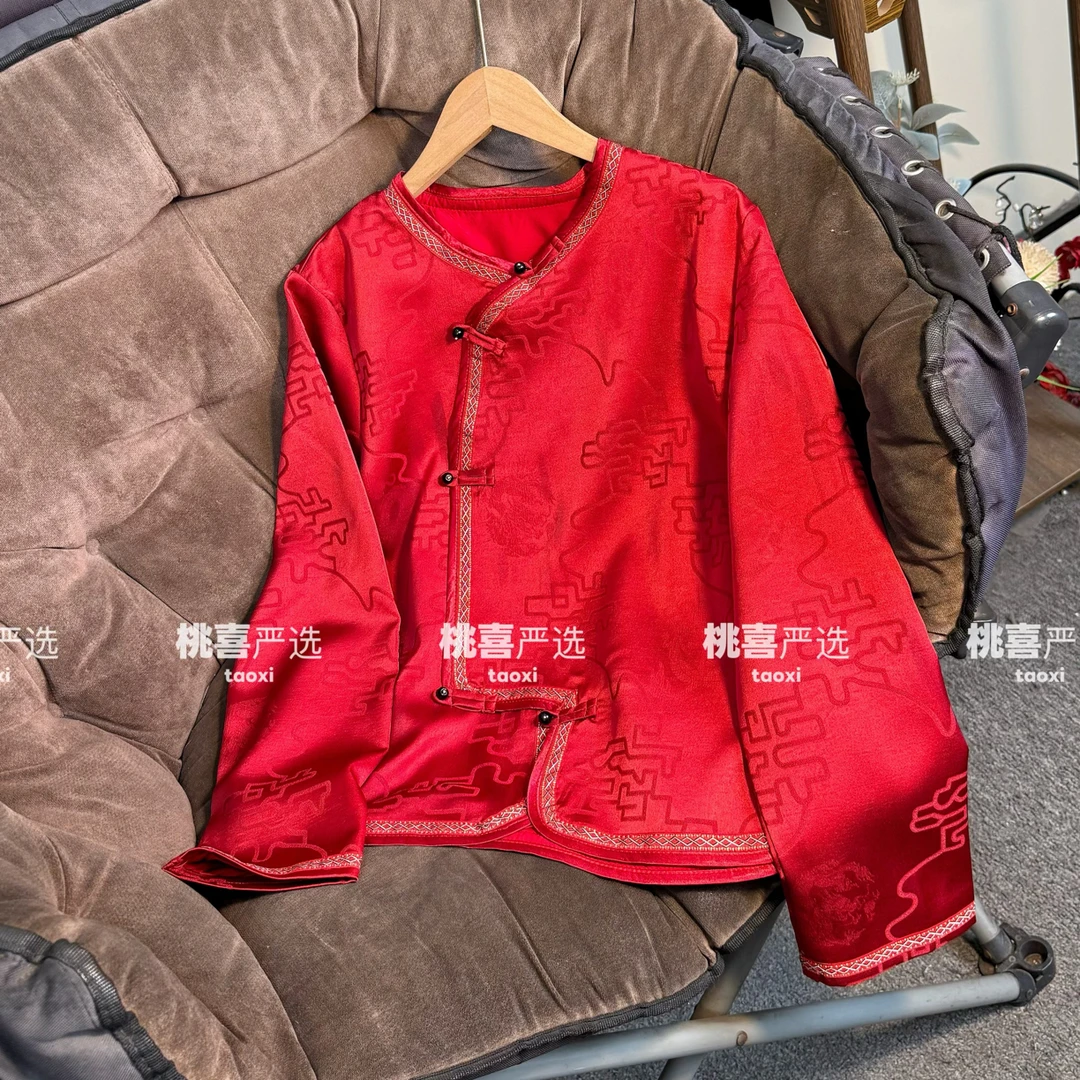 2025新款红色时尚气质上衣国风盘扣偏襟长袖衬衫女宽松打底衫小衫