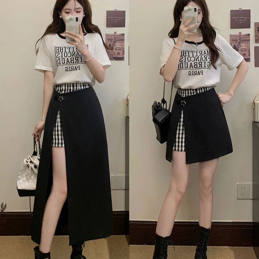 【曼谷热浪】2025夏季薄款竹节麻针织短袖+显瘦百搭假两件裙裤胖MM