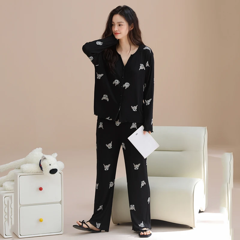 春秋季莫代尔长袖睡衣女款开衫宽松休闲可外穿薄款新款家居两件套