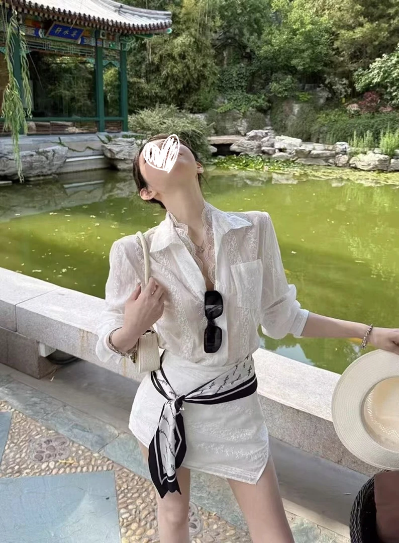 送丝巾 “雕花美术馆”设计感蕾丝拼接老钱风提花衬衫裤子套装