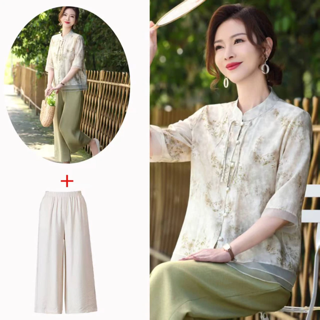 9880-夏装套装上衣短袖女装国风上衣+米色裤子两件套【老仓库】