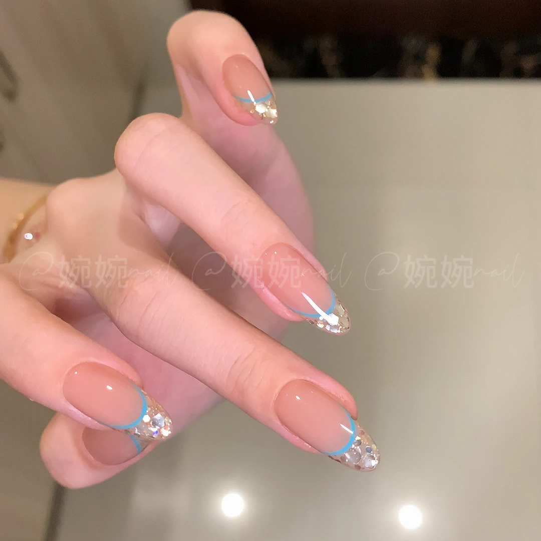 婉婉【蓝色细闪亮片】纯手工线条法式细闪亮片设计穿戴甲