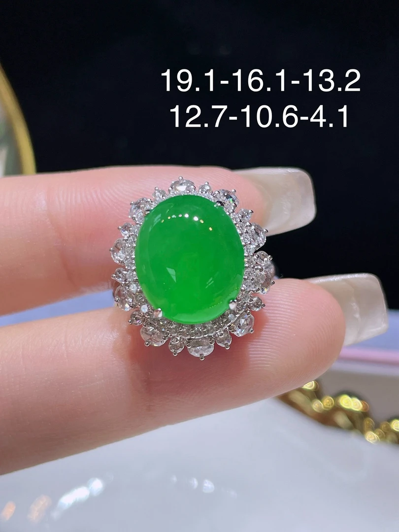 天然缅甸A货翡翠18k金南非真钻冰种正阳绿蛋面戒指
