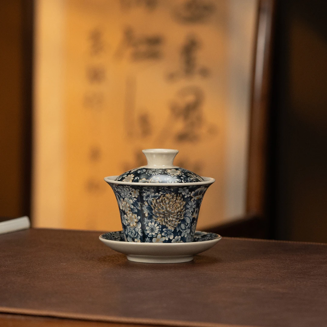 【麦芽黄悬停牡丹三才盖碗】大容量不烫手中式陶瓷盖碗约160c福利DC