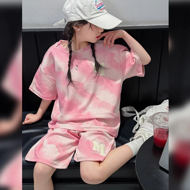 女童套装夏季2025新款洋气儿童时髦扎染短袖中大童夏装短裤两件套