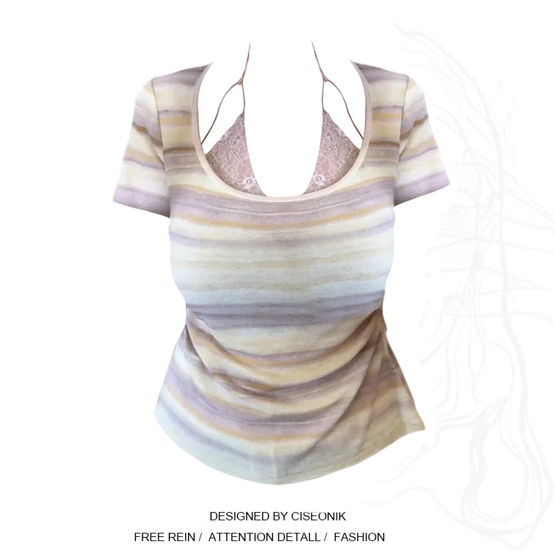 大码微胖mm纯欲风蕾丝拼接假两件T恤女夏季新款修身显瘦绝美上衣