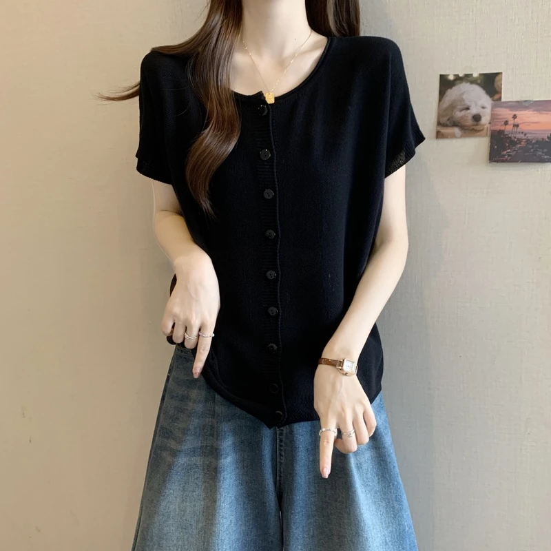 大码胖MM宽松薄款冰丝短袖T恤女夏季新款遮肚子显瘦气质开衫上衣