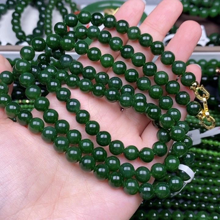 颈饰未镶嵌和田玉（碧玉）8m菠菜绿毛衣链无黑点108珠