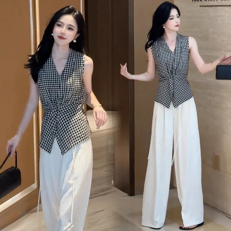 时尚套装女2025夏季新款洋气显瘦设计感无袖格子上衣阔腿裤两件套