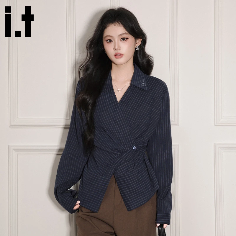 it:CHOCOOLATE气质V领条纹长袖衬衫女秋冬新款收腰显瘦设计感上衣