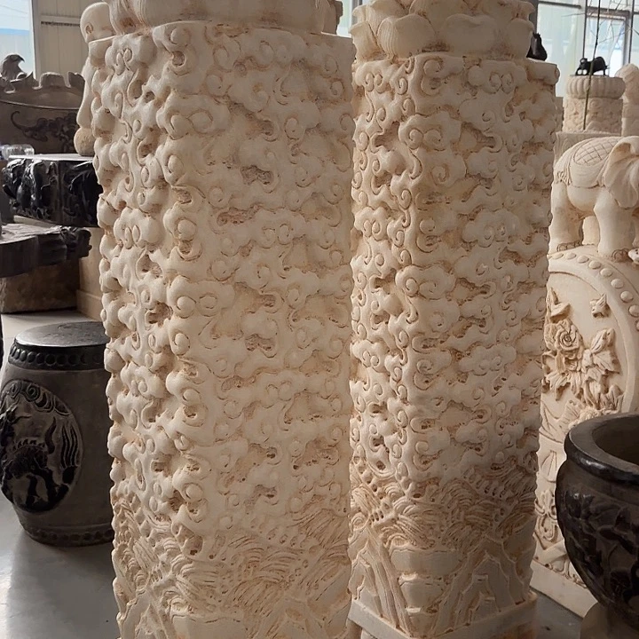 石材汉白玉祥云荷花石柱高1米