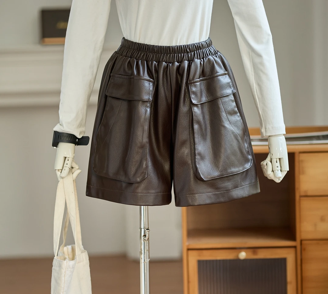 琴川谷高腰轻职风靴裤外穿咖色柔软PU皮短裤百搭显瘦A字阔腿裤女