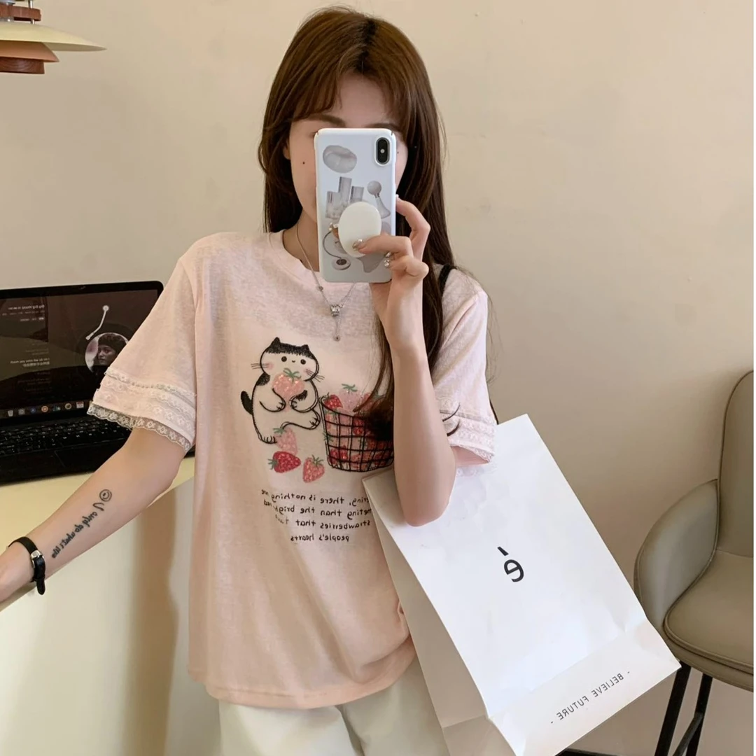 小慧 “草莓小猫”韩系t恤IX92