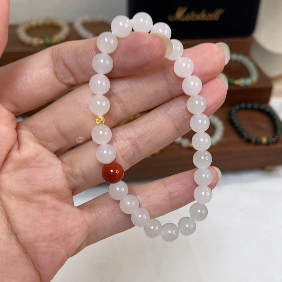 手链18K金镶嵌和田玉7mm白玉