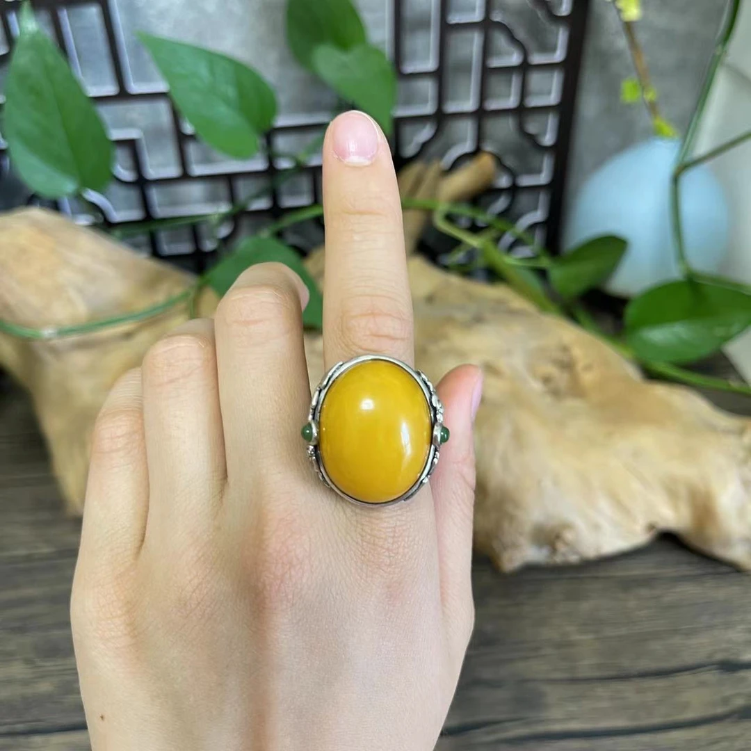 LYliuyng精工品质高货老蜜蜡银戒指台湾工银镶天然蜜蜡琥珀大戒指