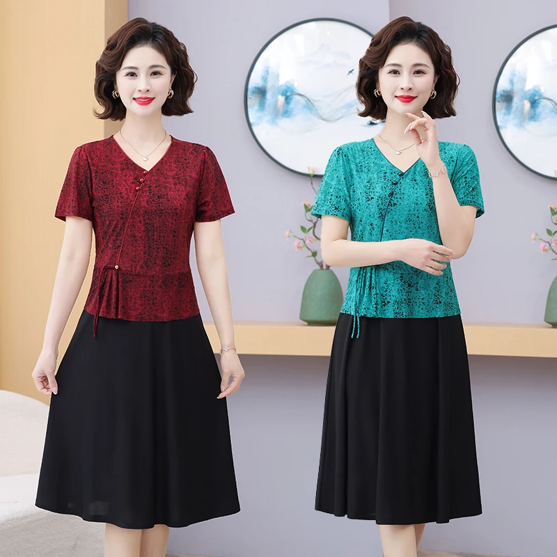 妈妈夏装雪纺连衣裙时尚气质高贵阔太太短袖裙子宽松显瘦大码女装