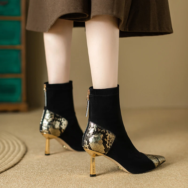 （跟高7cm）蛇纹头层牛皮拼弹力绒瘦瘦靴显瘦细跟后拉链气质靴3188