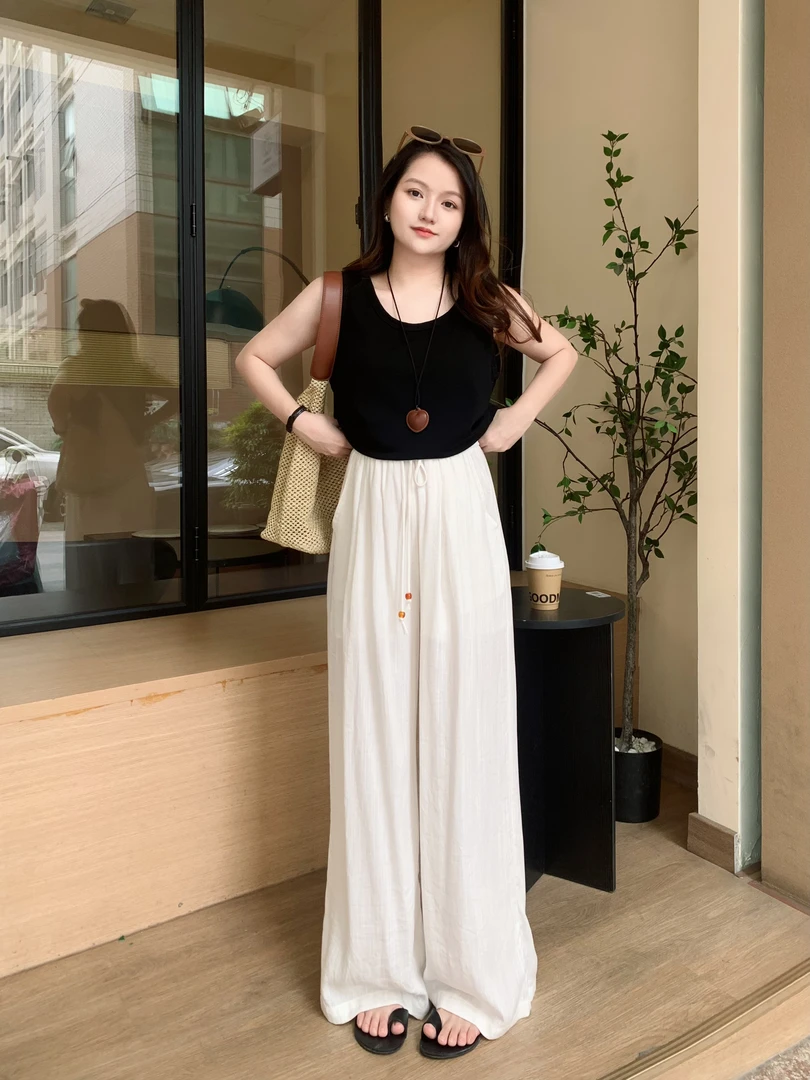 运补小个子夏季韩版百搭简约遮胯显瘦高腰亚麻直筒窄版阔腿休闲裤