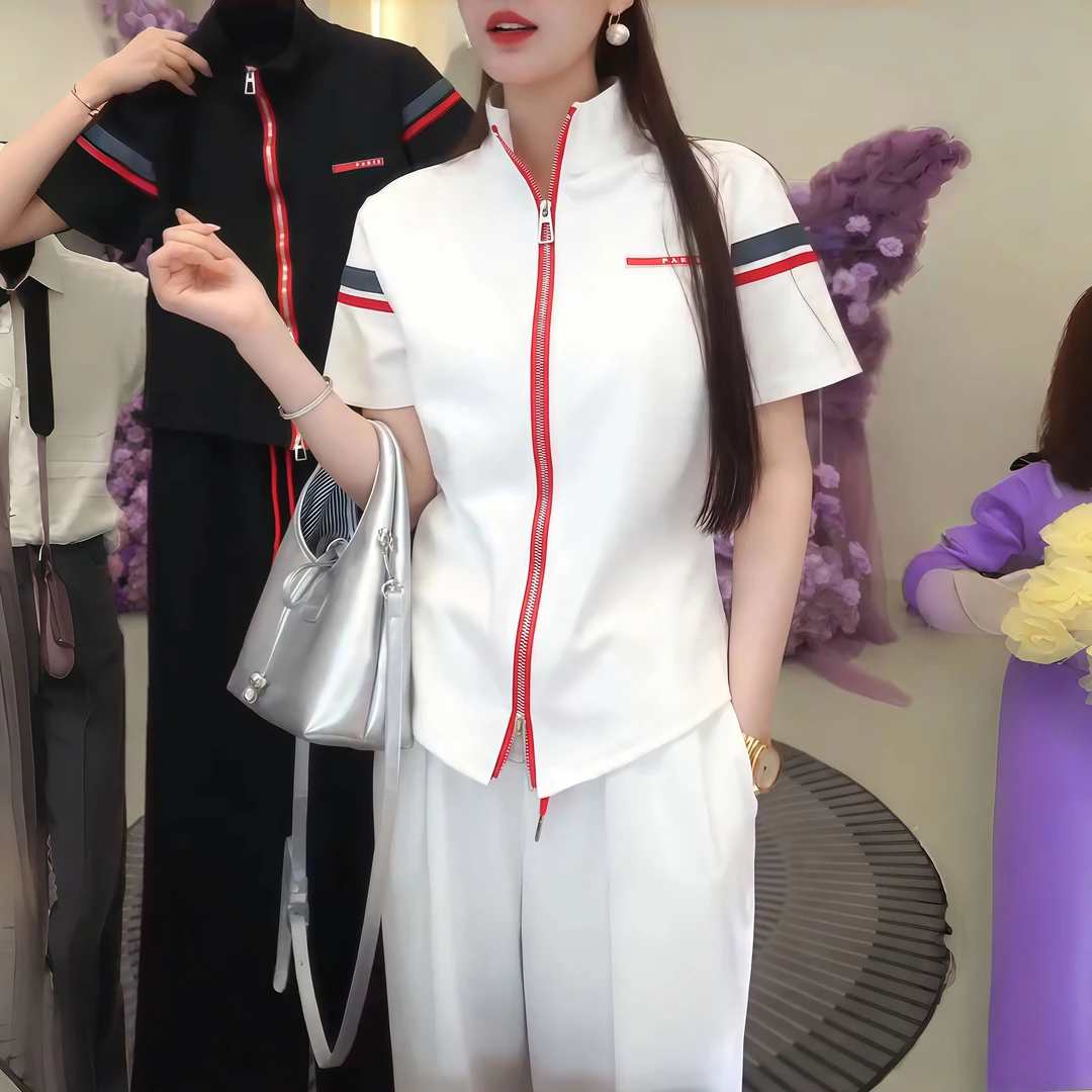 时尚拉链拼接撞色休闲套装女2025夏季新款短袖阔腿裤显瘦两件套女