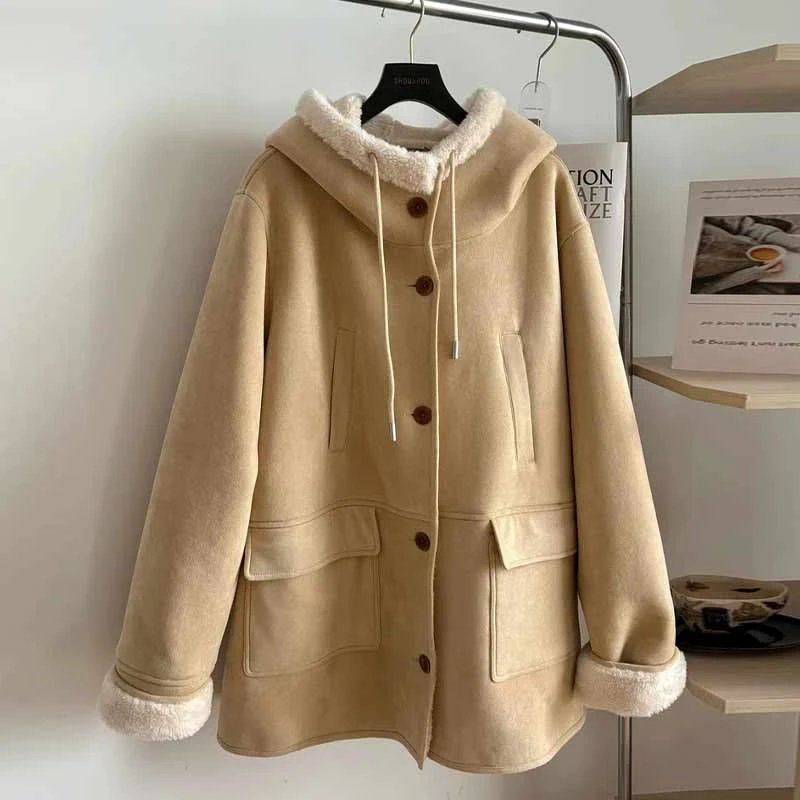 栗子奶油-大码加厚连帽皮毛一体宽松外套秋冬