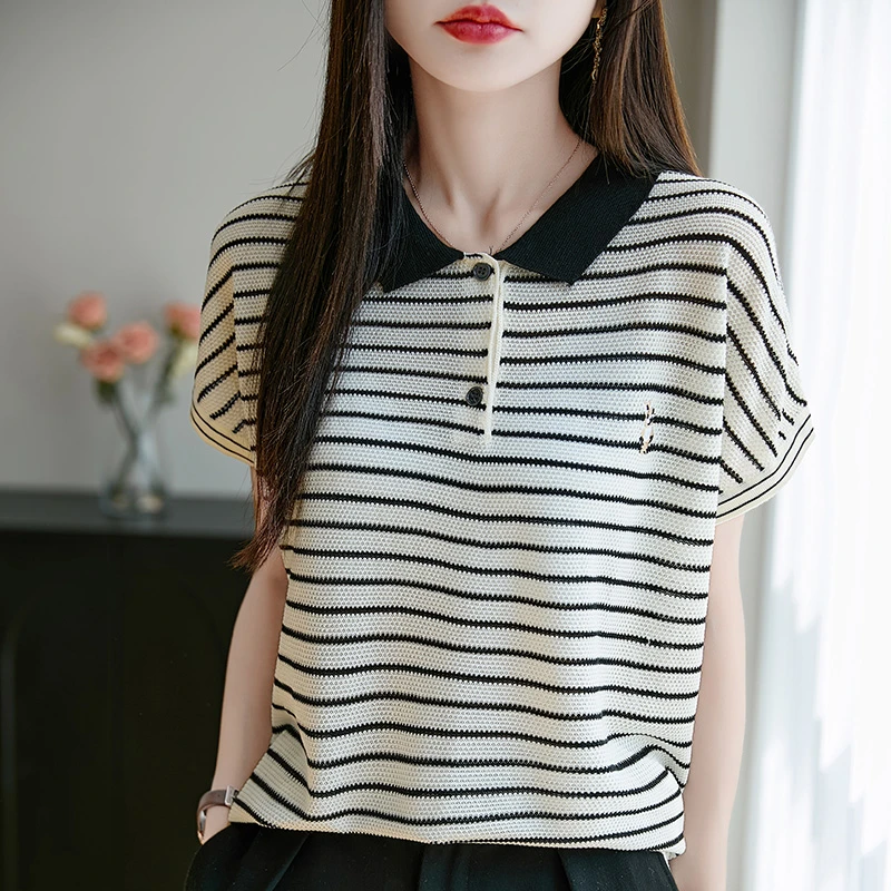品牌女装正品夏季新款POLO领女士针织短袖百搭薄款气质条纹上衣