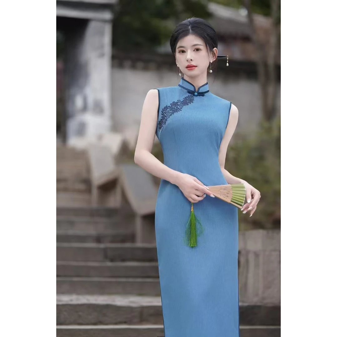 【棉麻刺绣】春季新款复古蓝色纯色简约无袖旗袍裙子 【裙长125左右】