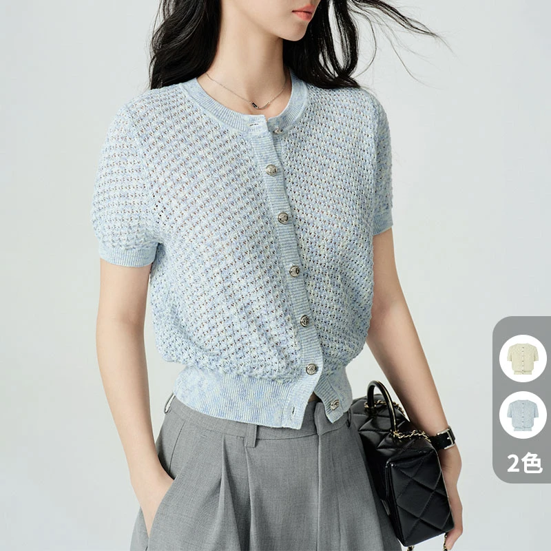 美洋MEIYANG【商场同款】 轻松针织开衫 棉麻小香花纱短袖