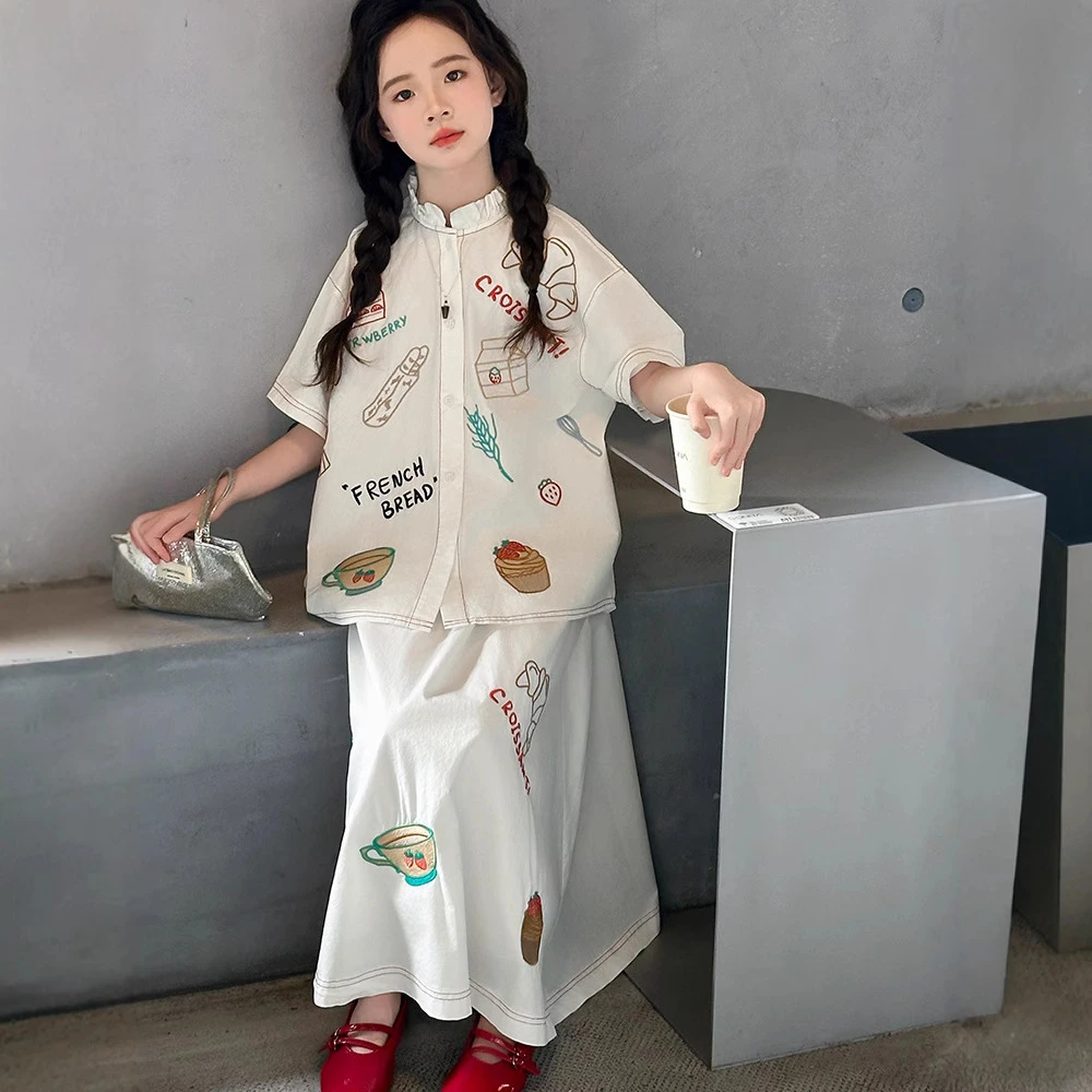 女童花边立领衬衫夏装25新款小女孩一步裙子套装夏款MKX5096