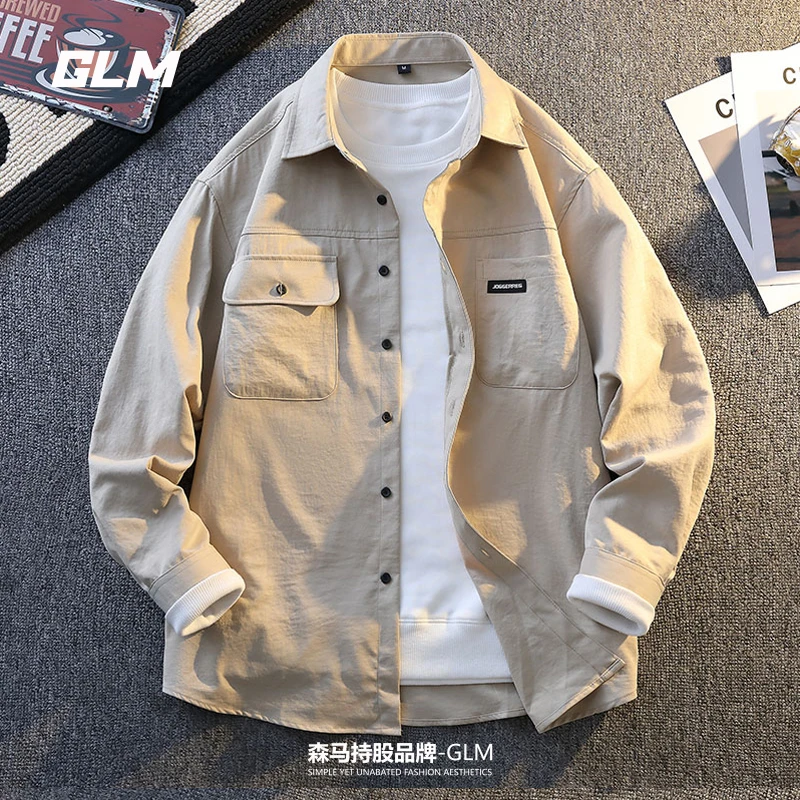 GLM日系长袖衬衫男春秋季潮流复古宽松时尚青年百搭翻领工装外套