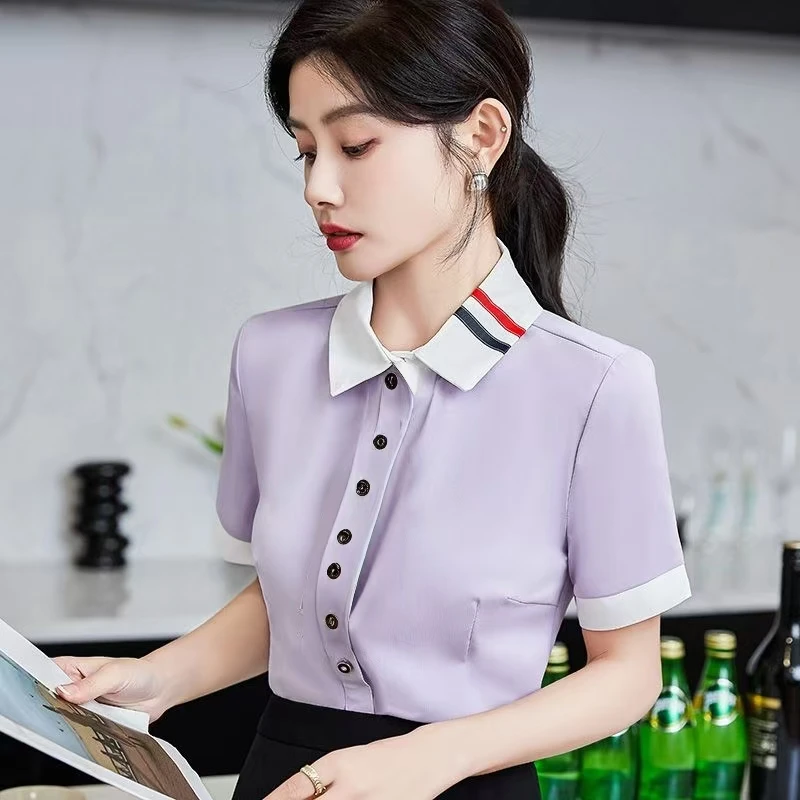 0425女装衬衣夏季衬衫正装衬衫领韩版方领工作服吸汗三分袖修身