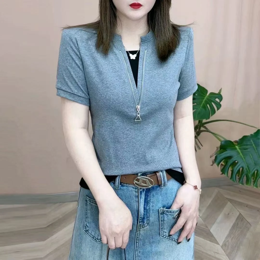 时尚洋气减龄假两件拼接休闲T恤上衣8801