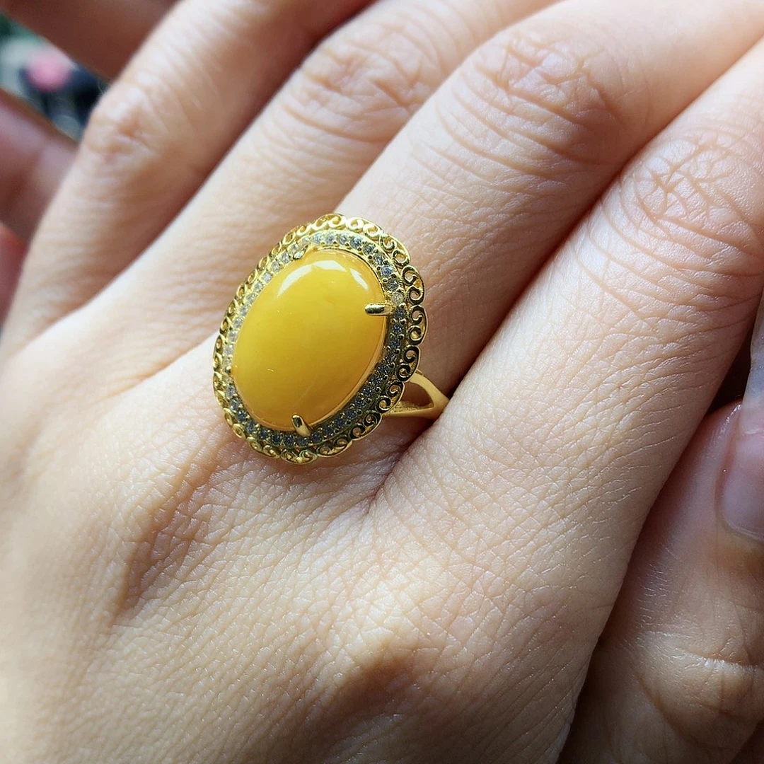 蜜蜡戒指银S925镶嵌戒指