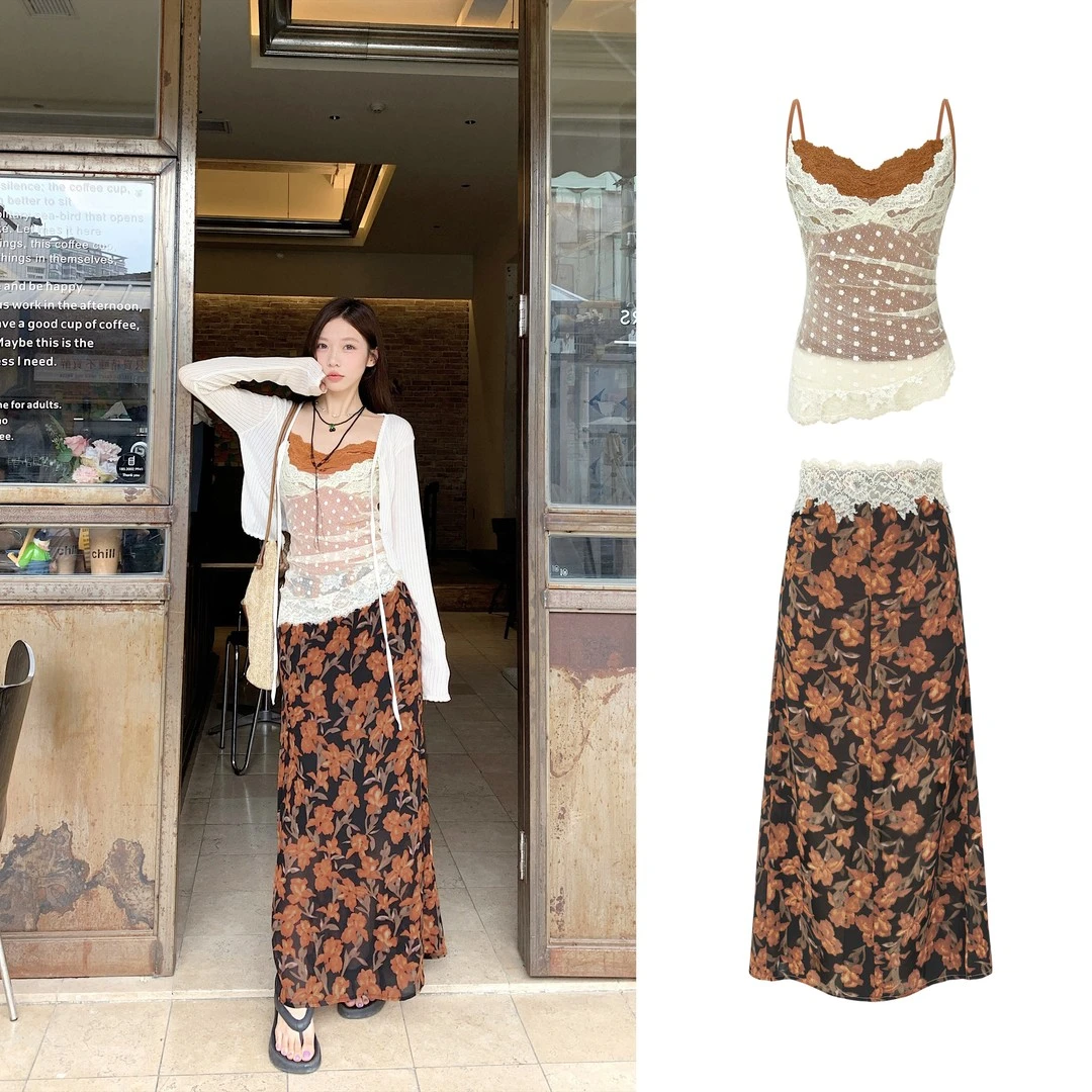 【盛夏栀子】碎花长裙+蕾丝吊带气质显瘦高腰复古包臀法式夏季