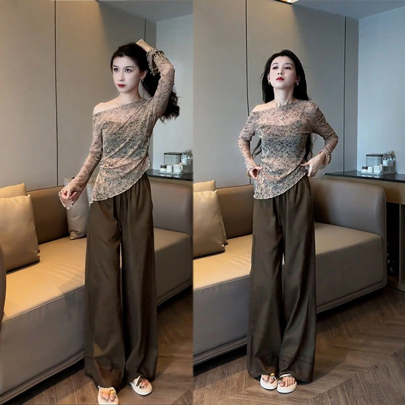 早秋韩系穿搭不规则长袖针织衫+休闲高腰阔腿裤显瘦气质两件套