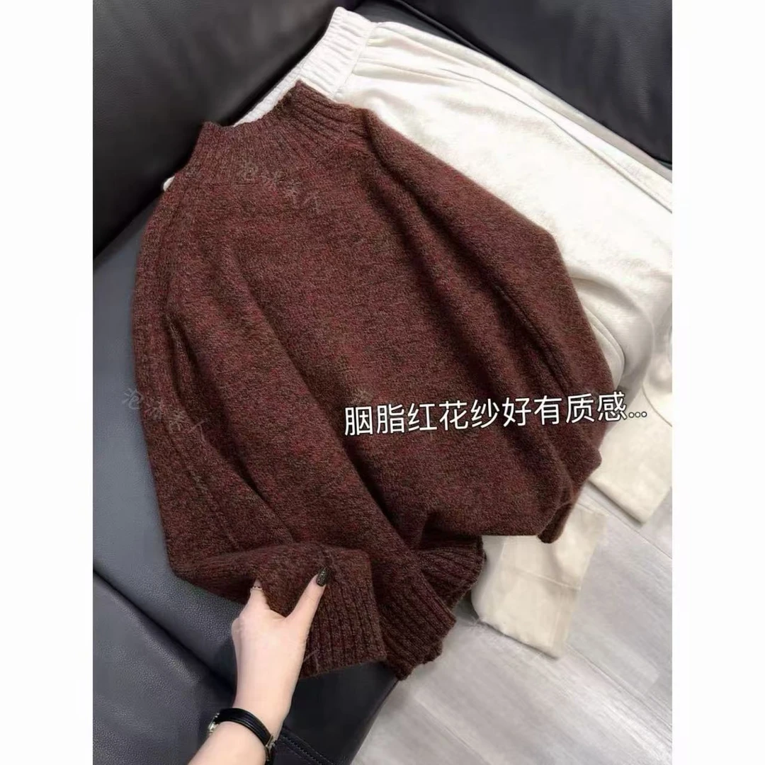 胭脂红花纱」落肩袖花纱半高领冬季显瘦针织毛衣女秋冬显白洋气