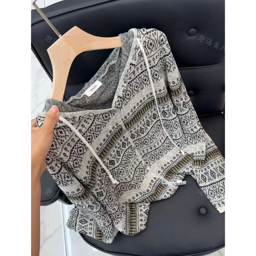 费尔岛提花抽绳帽衫女早秋新款薄款宽松显瘦针织上衣 58