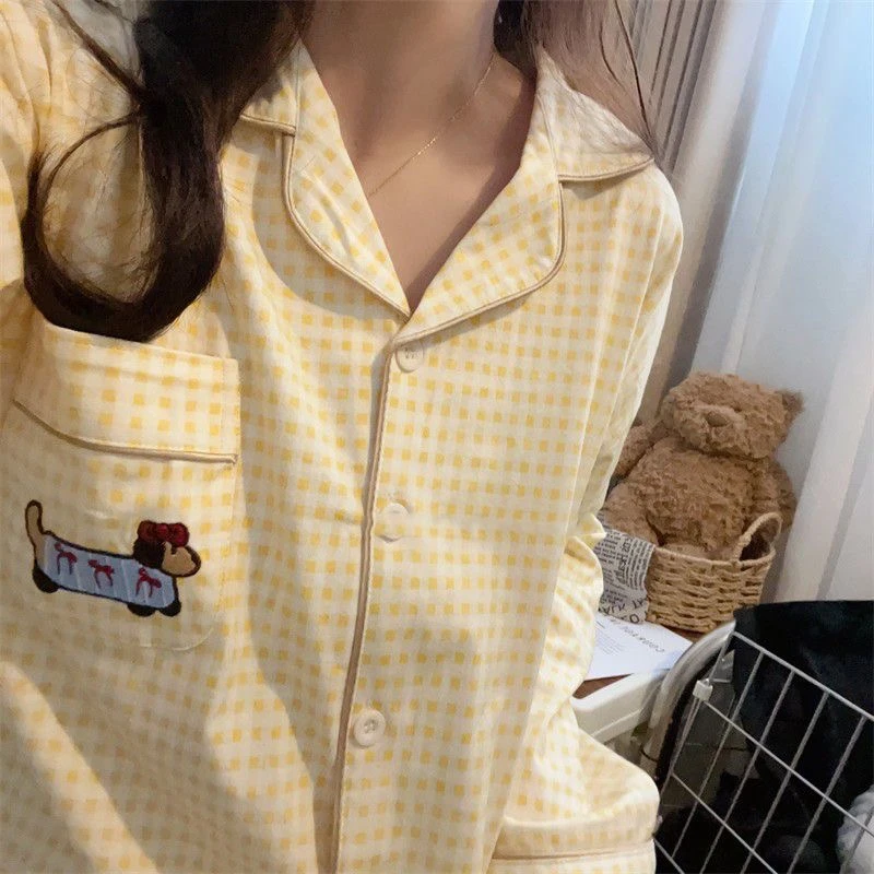 【春秋款云朵棉纱】可爱卡通小狗春秋季睡衣女款长袖格子家居服套装